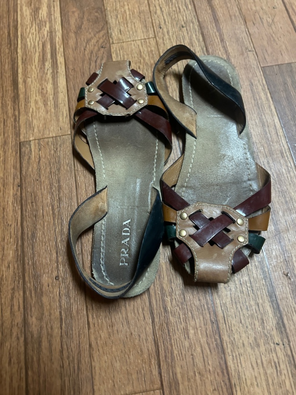 Prada Brown, Burgundy and Green Leather Woven Sandals - Picture 6 of 6